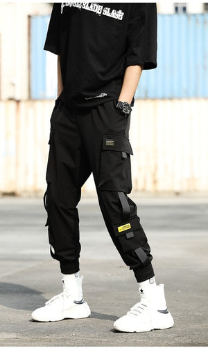 Cargo Pants Black Ribbons Block Multi-Pocket