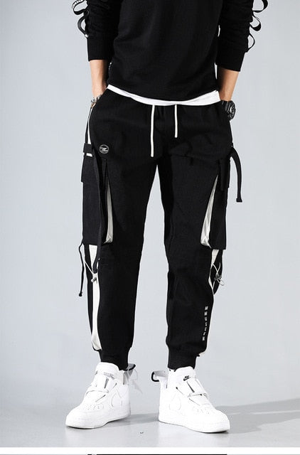 Cargo Pants Black Ribbons Block Multi-Pocket