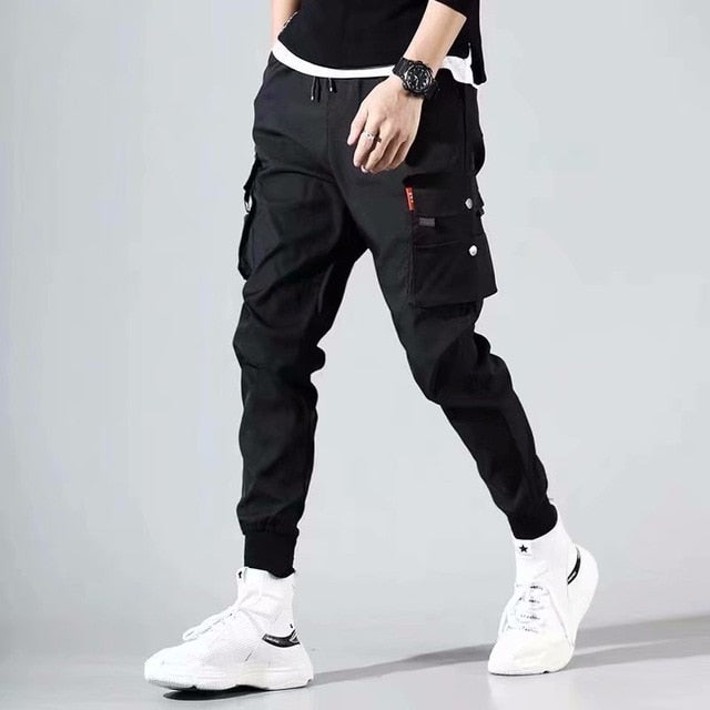 Cargo Pants Black Ribbons Block Multi-Pocket