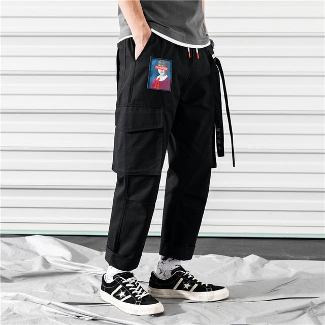 Cargo Pants Black Ribbons Block Multi-Pocket